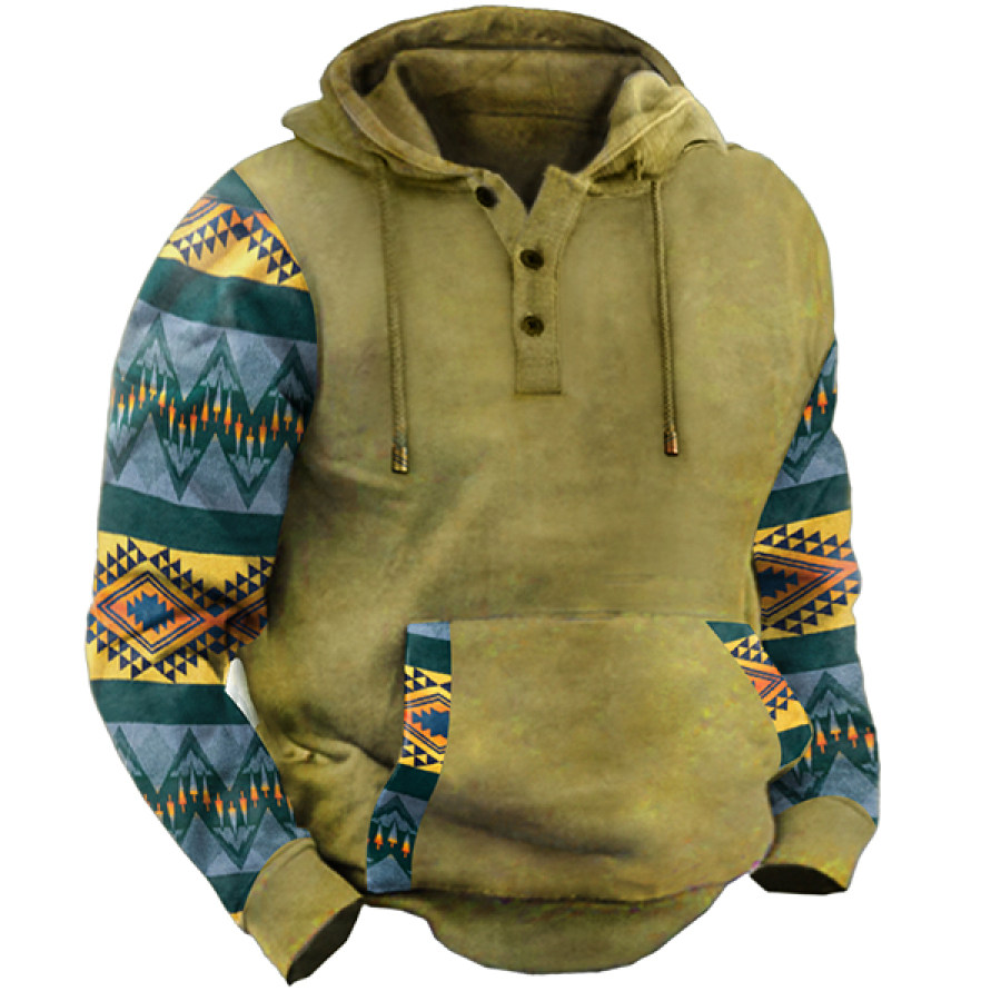 

Men's Western Retro Print Outdoor Thickened Henley Collar Hoodie