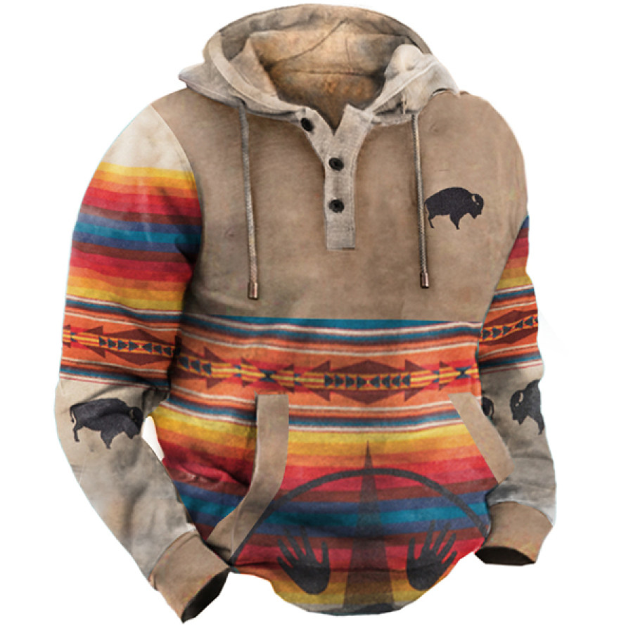 

Men's Western Retro Print Outdoor Thickened Henley Collar Hoodie