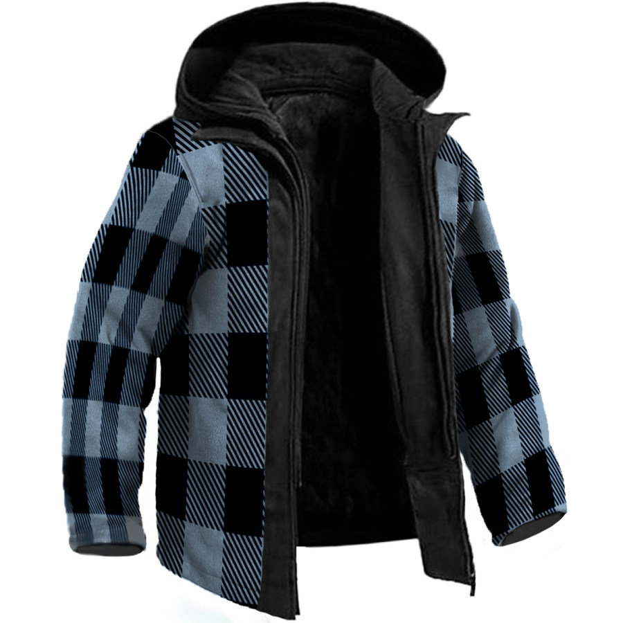 

Men's Vintage Check Hooded Long Sleeve Fleece Jacket