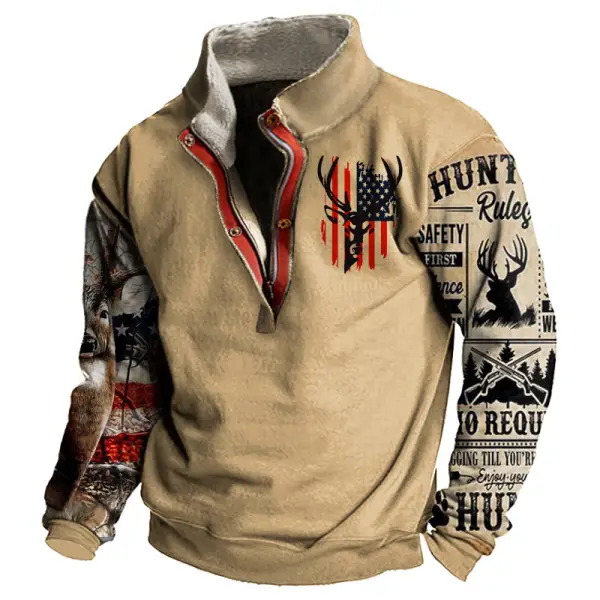 Vintage Men's Outdoor American Deer Print Stand Collar Sweatshirt - Mosaicnew.com 