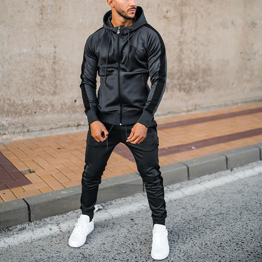 Mens Dark Grey Sports Casual Jogging Pants Long Sleeve Suit