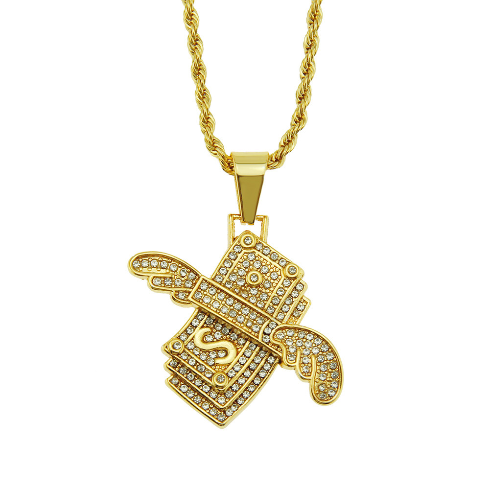 Hip Hop Diamond Angel Wings Dollar Pendant Necklace