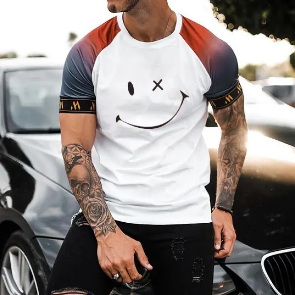 Smiley Print Colorblock Short-sleeved T-shirt - Godeskplus.com 