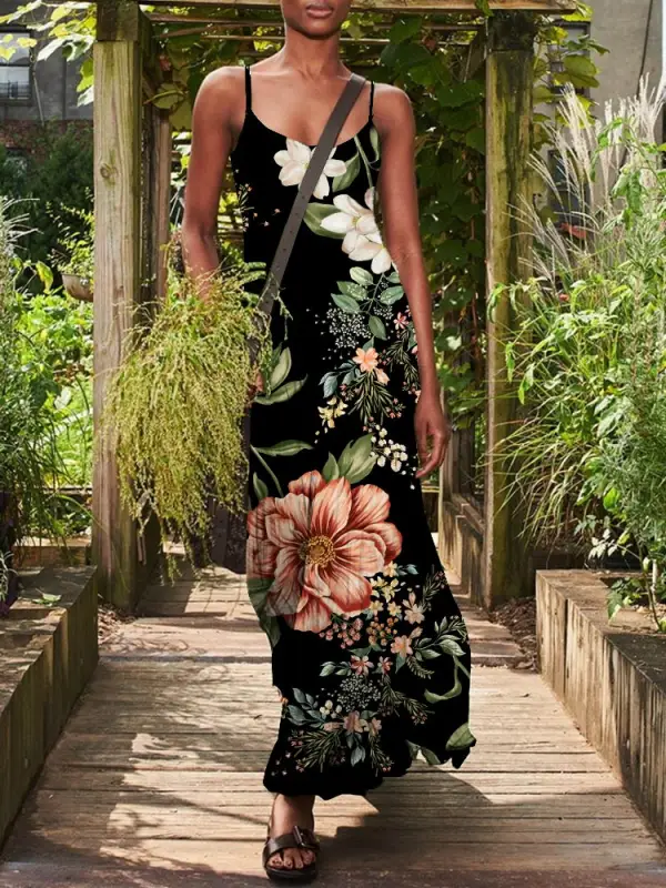 Casual Floral Print Sleeveless Crew Neck Maxi Dress - Buildernice.com 
