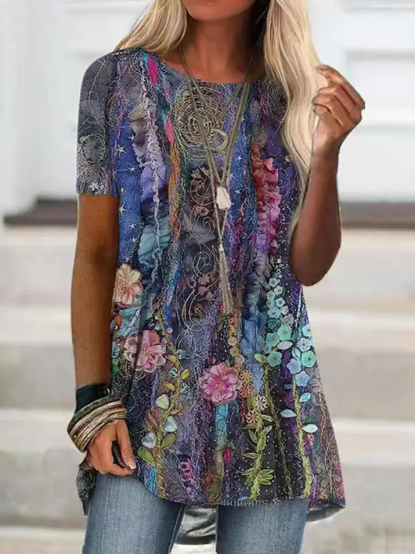 Round Neck Casual Loose Floral Print Short Sleeve T-shirt - Buildernice.com 