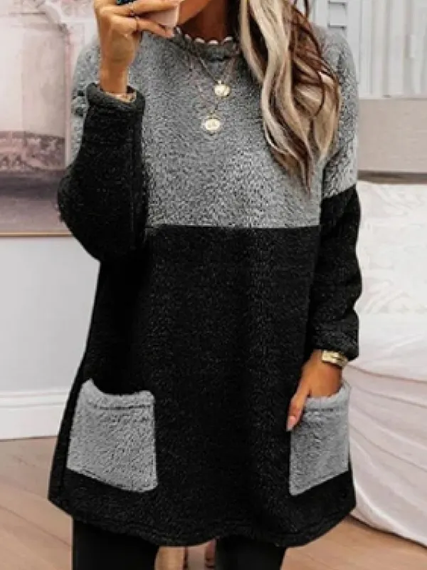 Casual Colorblock Crewneck Pocket Long Sleeve Sweatshirt - Buildernice.com 