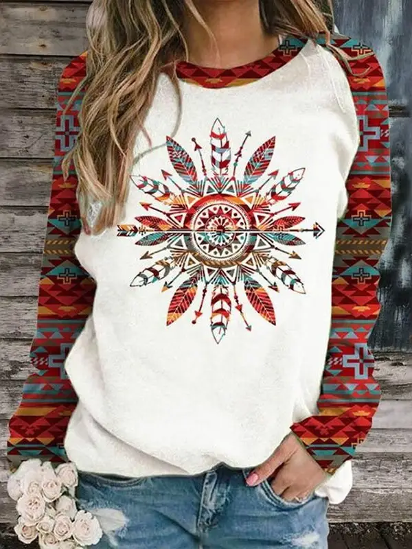 Ladies Vintage Western Indian Ethnic Print Sweatshirt - Buildernice.com 