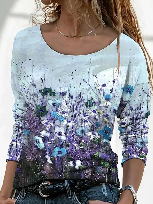 Women Casual Long Sleeves Floral Printed Round Neck T-shirt - Buildernice.com 