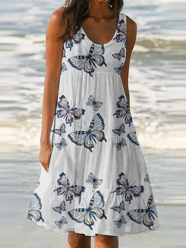 Women Casual Sleevesless Printed U Neck Short Dress - Buildernice.com 