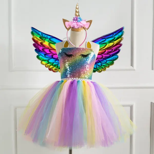 【2Y-11Y】Girl 3-piece Unicorn Princess Tulle Dress With Wing And Headband - Popopiearab.com 