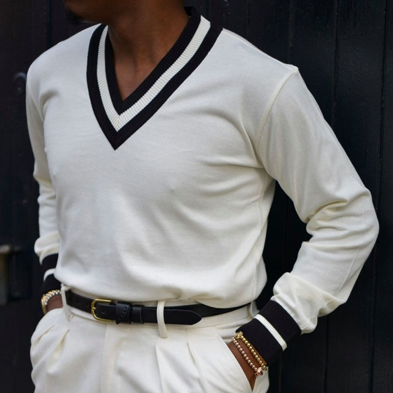 Retro Gentleman Simple Contrast Color V neck Sweater