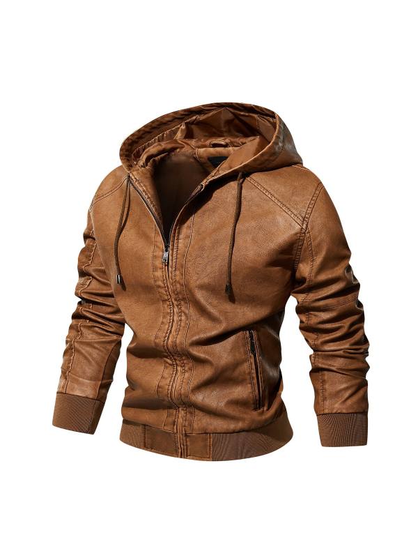 Men's Retro Wash Multi Pocket Locomotive Outdoor Sports Leisure Leather Hooded Jackets