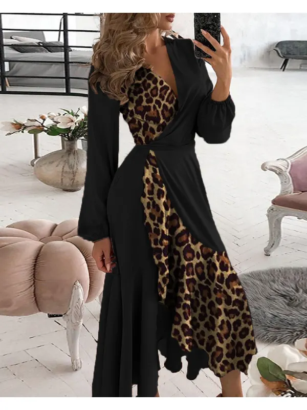 Fashion Leopared Print Ruffle Hem V-neck Wrap Maxi Dress Women - Anystylish.com 