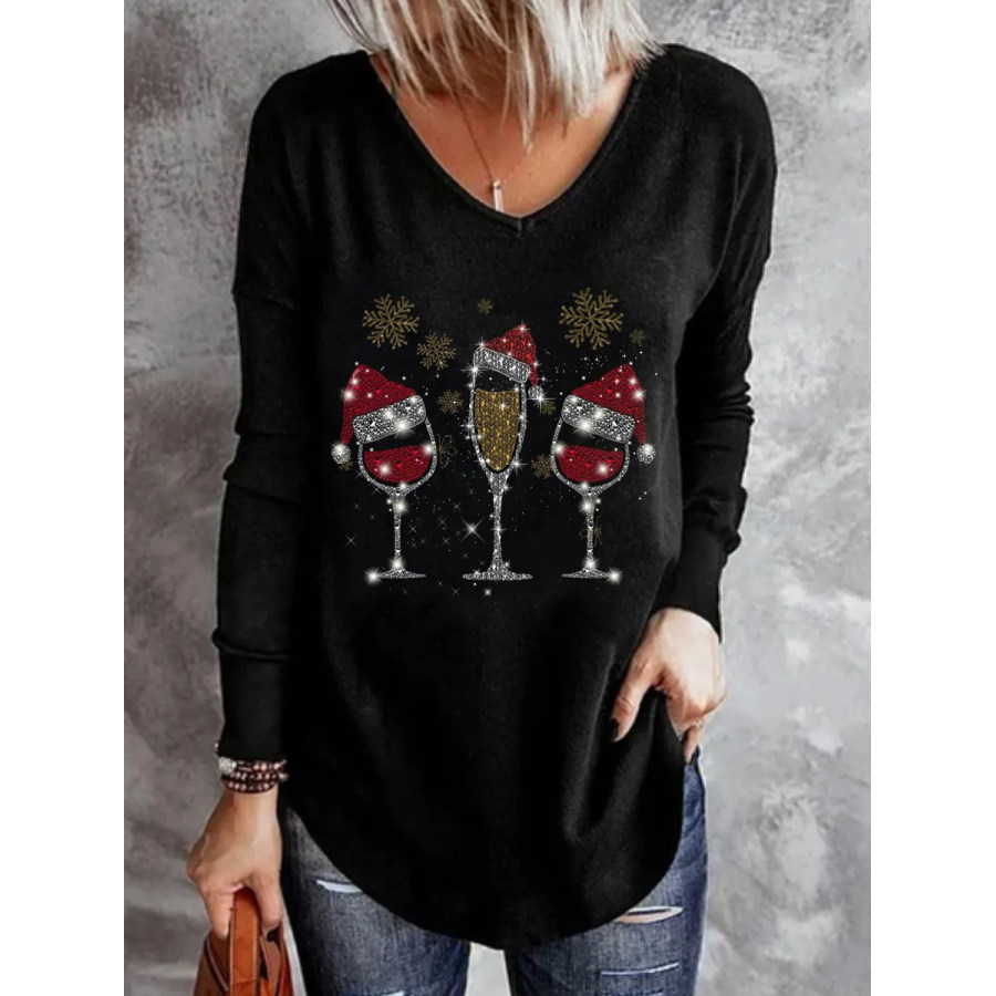 

Casual Christmas Wine Glasses Print Crew Neck Long Sleeves T-shirt