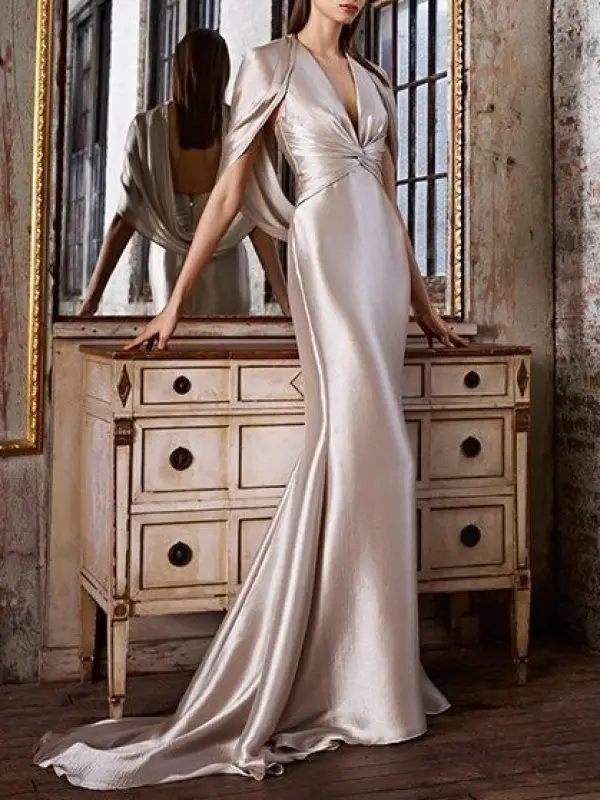 Women's Elegant Silky Satin Back Hollow Long Dress - Anystylish.com 