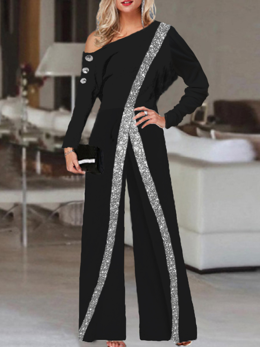 Fashion Sequin Print Off shoulder Long Sleeve Jumpsuit Women