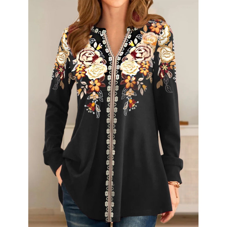 

Casual Vintage Print V Neck Long-Sleeved Loose Blouse
