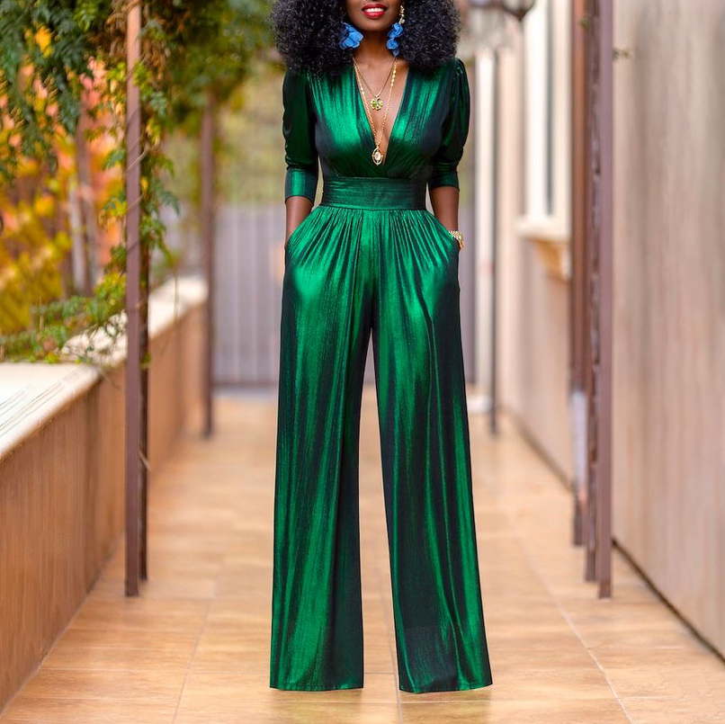 Elegant Women's V neck Flash Knitted Fabric Jumpsuit