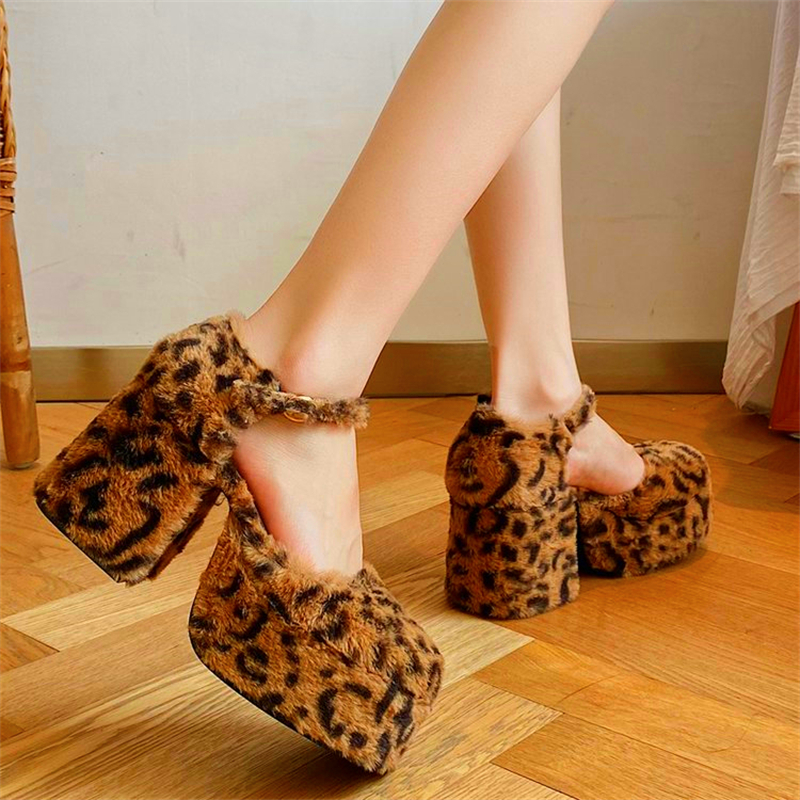 Women's Square Toe Leopard Print Plush Cutout Chunky Heels