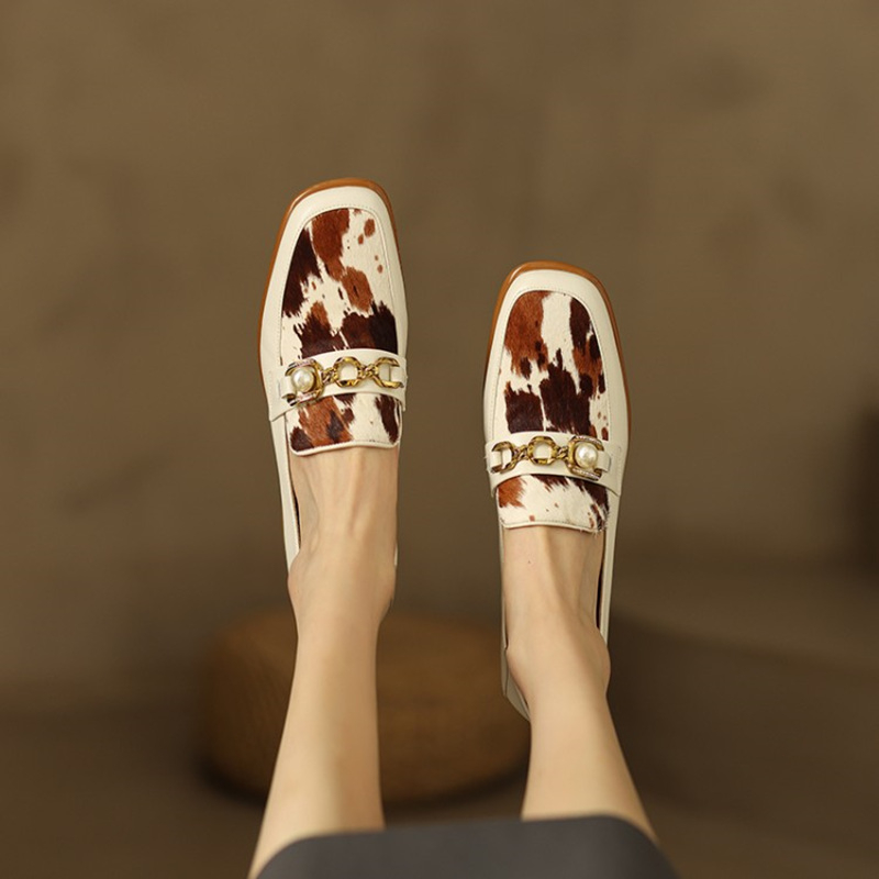 Ladies Vintage Square Toe Leopard Print Buckle Loafers