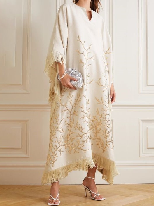 Women's Elegant Silk Rhinestone Embroidered Fringe Loose Evening Dress