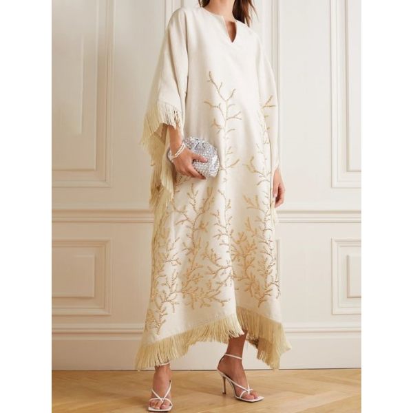 Women's Elegant Silk Rhinestone Embroidered Fringe Loose Evening Dress - Anystylish.com 
