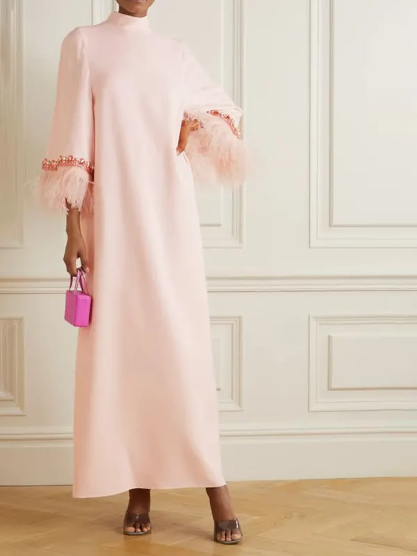 Women's Elegant Simple Light Pink Rhinestone Feather Long Sleeve Straight Party Long Dress - Minicousa.com 