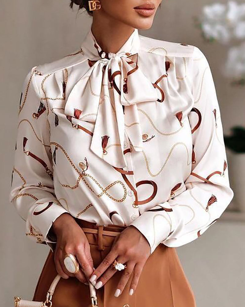 Tied Neck Chain Print Buttoned Top