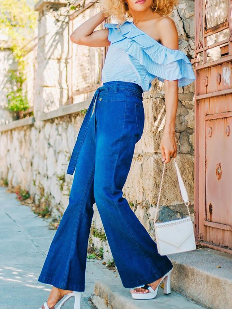 High Waist Flare Pants With Casual Loose Belt Embellished