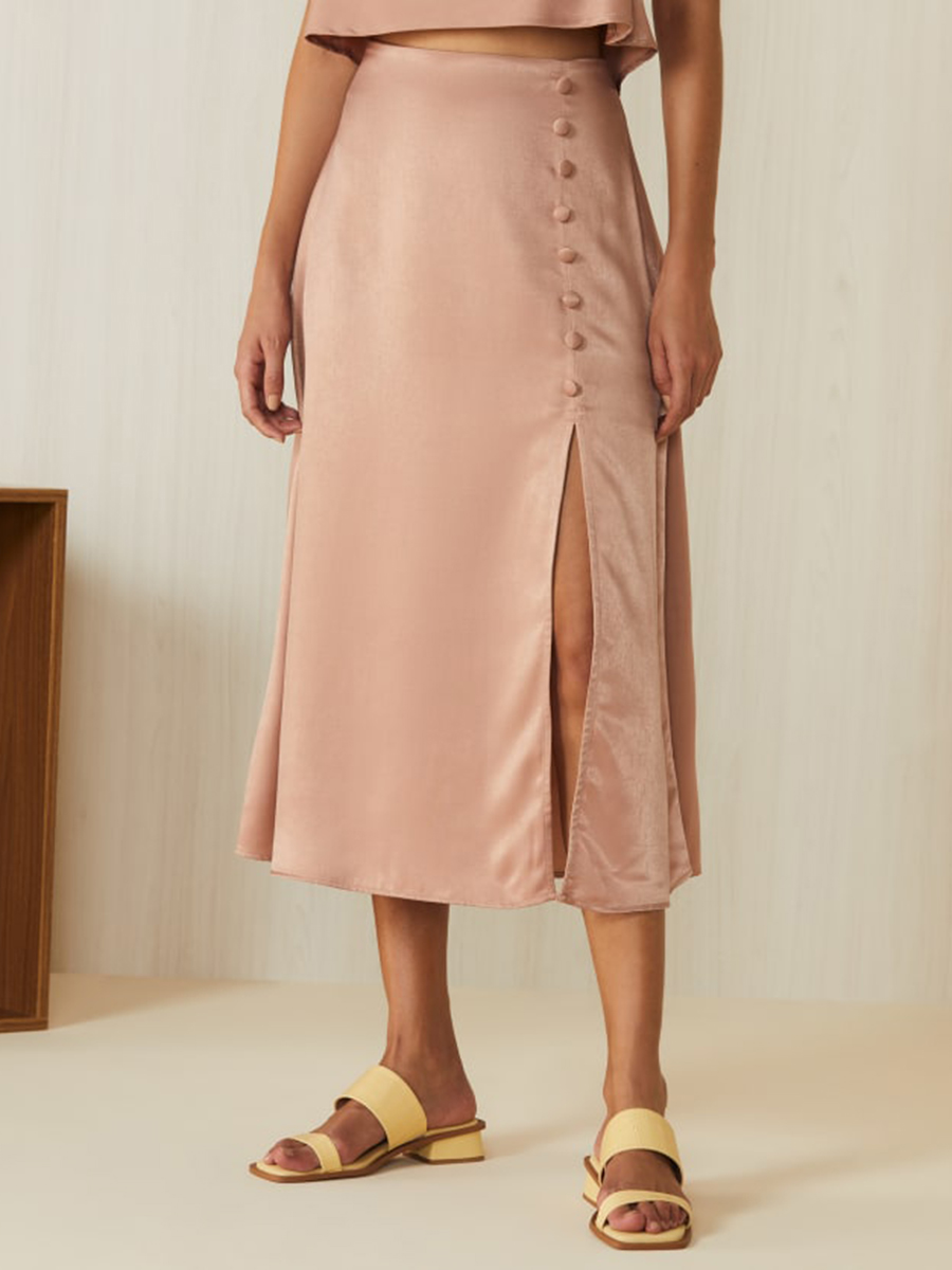 Button embellished Satin Satin Midi Skirt
