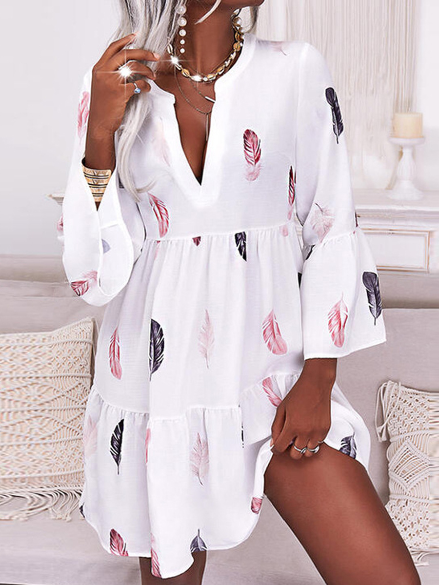 Casual Printed V Neck Panel Swing Dress