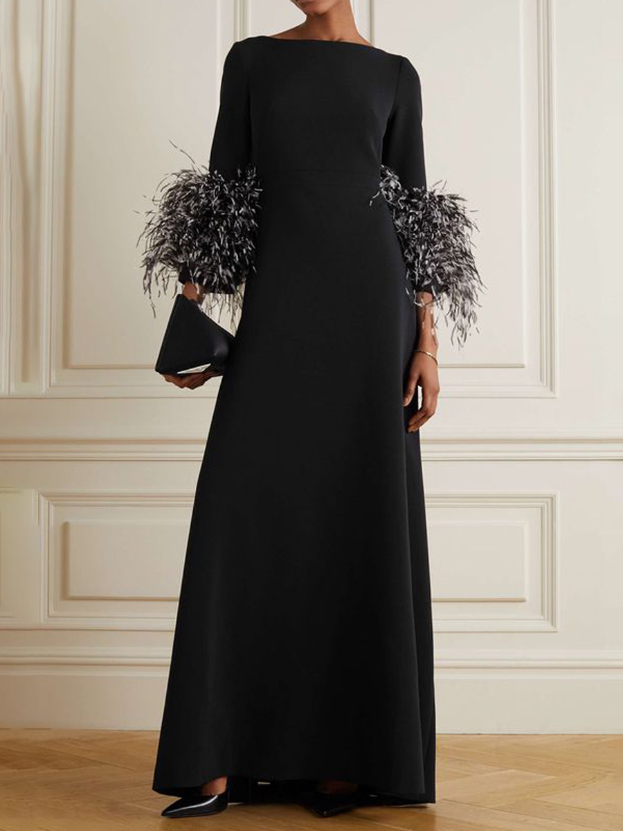 Women's Elegant Simple Black And White Feather Long Sleeve Party Dress
