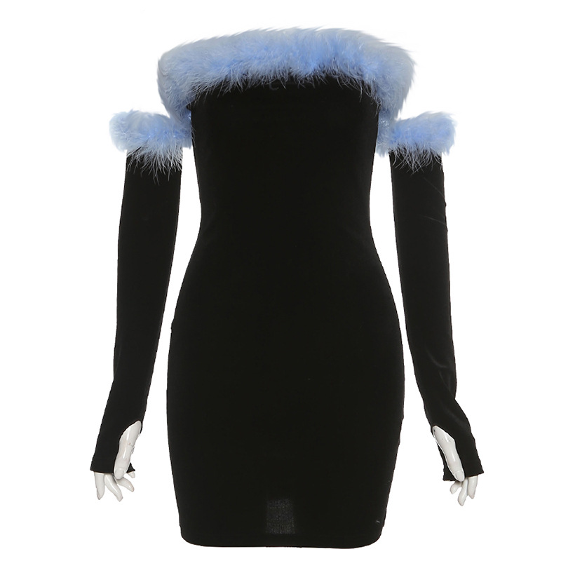 One Shoulder Long Sleeve Fur Collar Slim Fit Mini Dress