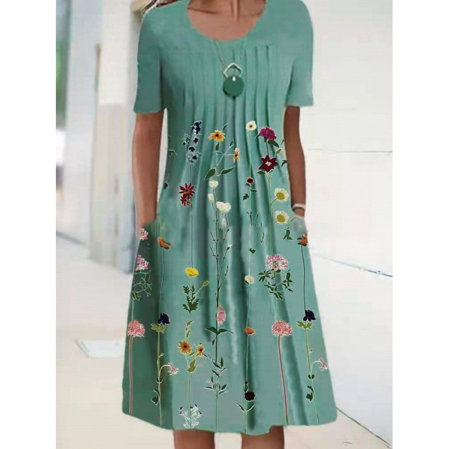 

Casual Crew Neck Floral Print Short Sleeve Midi Dress