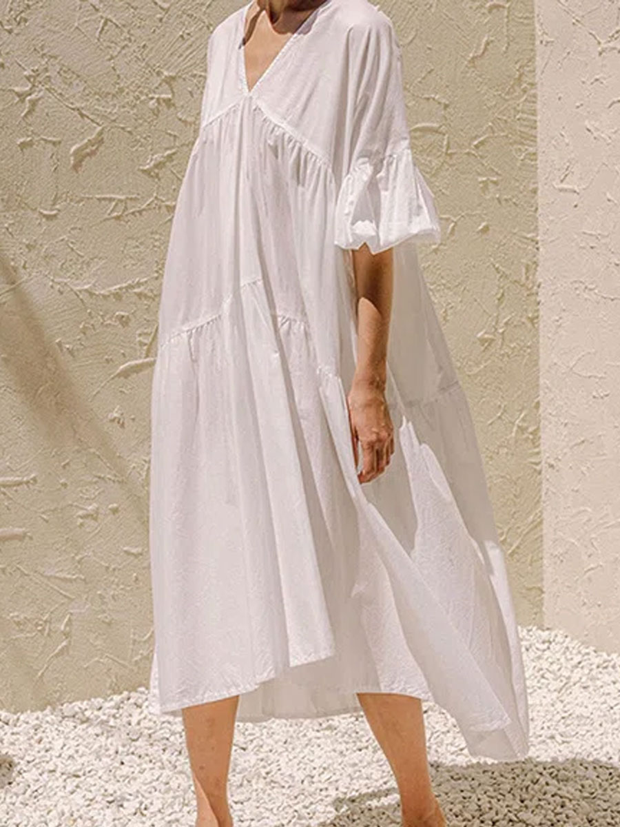 V neck Loose Casual Solid Color Short Sleeve Midi Dress