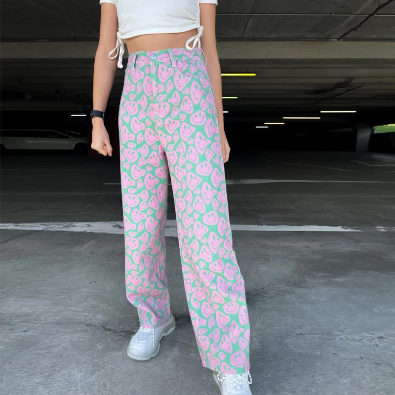 Retro High Waist Smile Face Casual Jeans