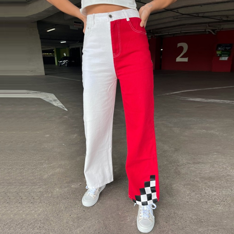 Retro High Waist Color Patchwork Casual Jeans