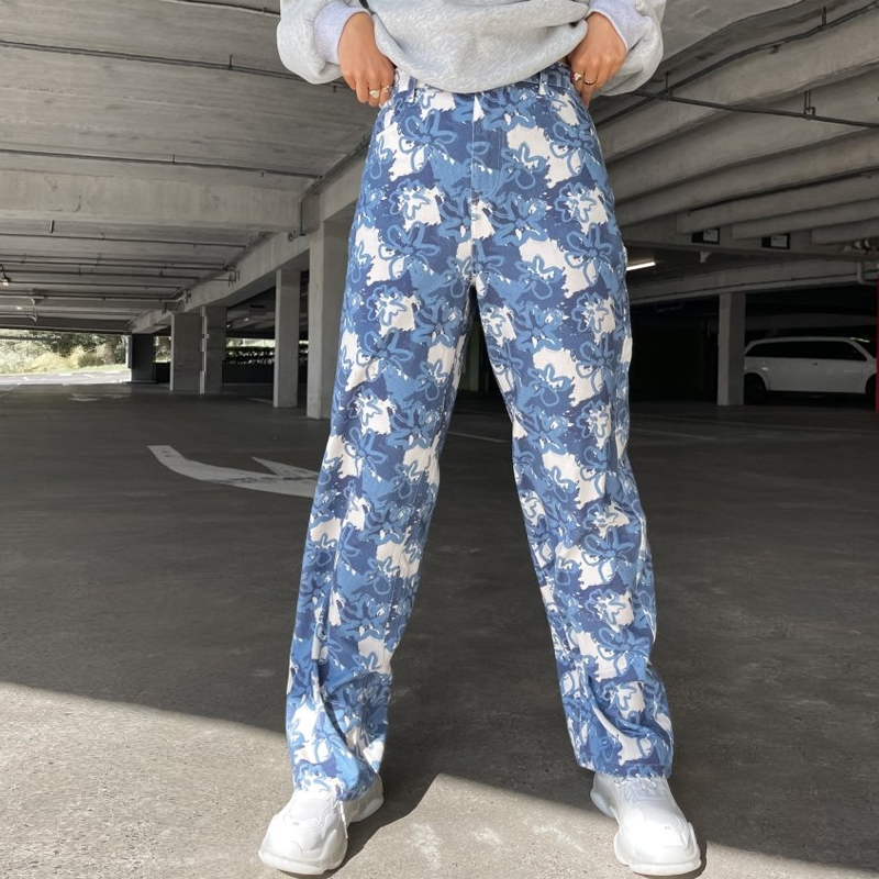 Retro High Waist Floral Casual Jeans