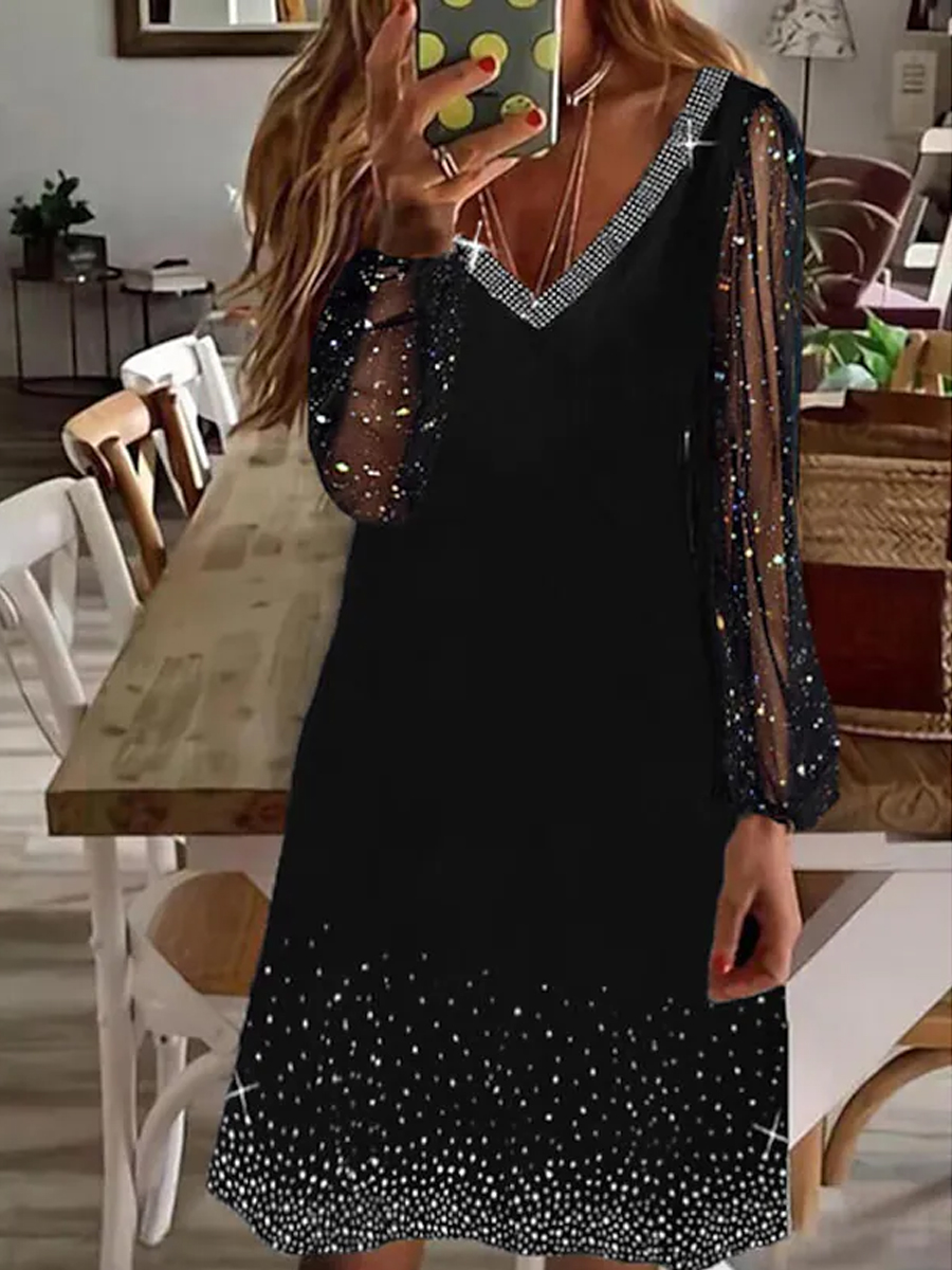 Fashion Lace Panel Sequin V Neck Dress