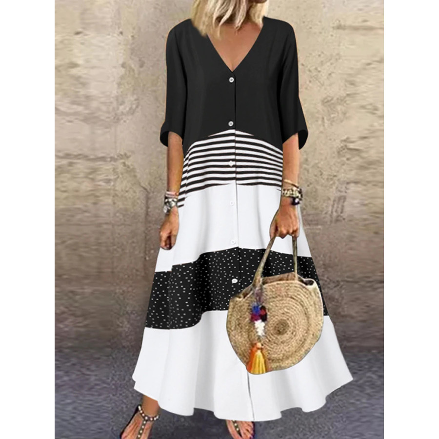 

Casual Patchwork Print V Neck Short Sleeves Maxi Dress