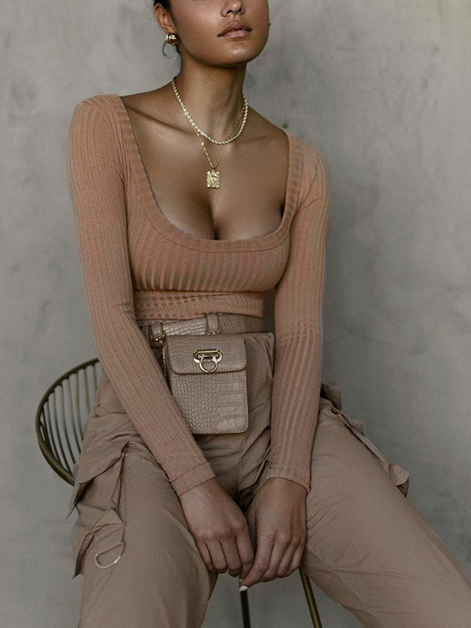 Sexy Design Generous Collar Solid Color Slim Fit Long Sleeve Jumpsuit