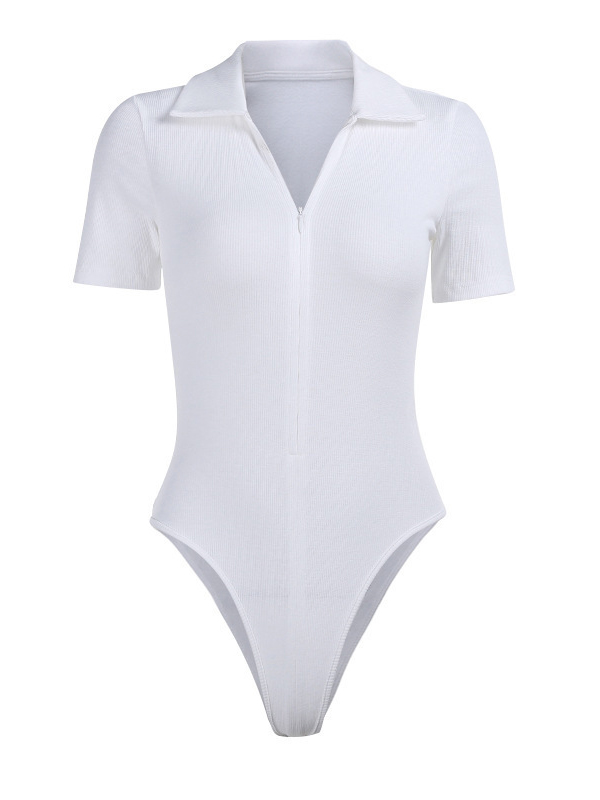 Zip embellished Short sleeved Slim fit Solid Bodysuit