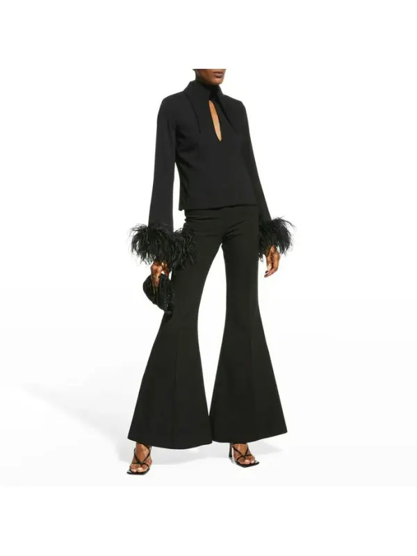 Women's Elegant Black Long Sleeve Shirt Flare Pants Feather Trim Set - Minicousa.com 