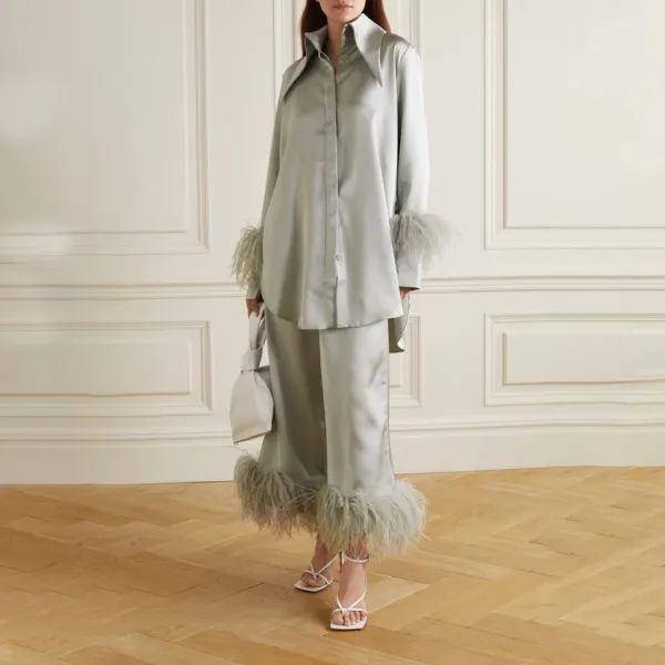 Women's Elegant Long Sleeve Shirt Feather Trim Set - Seeklit.com 