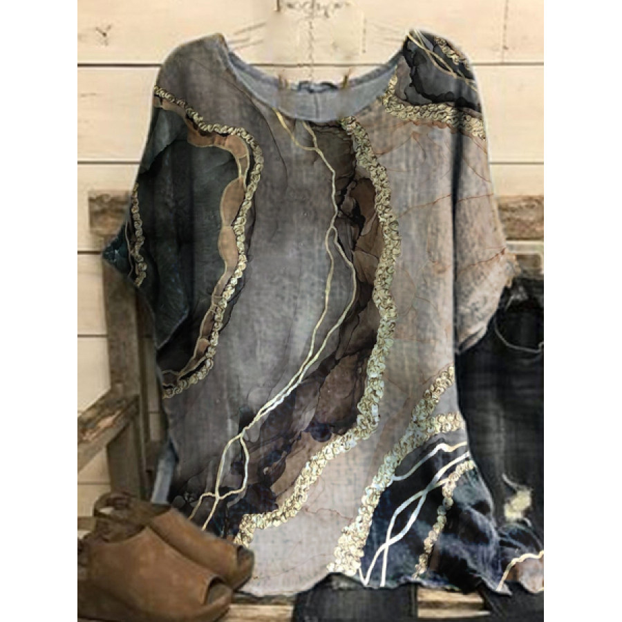 

Vintage Marbling Print Casual Crew Neck Short Sleeves Blouse