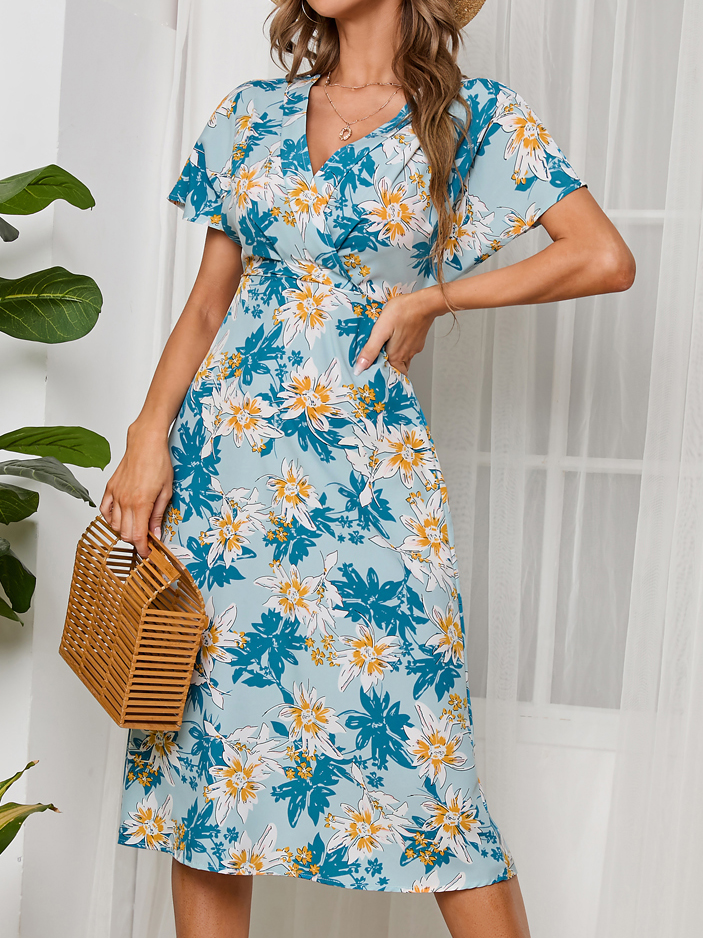 Chiffon Print V Neck Short Sleeve Swing Midi Dress