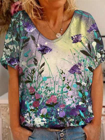 V-neck Casual Loose Floral Print Short Sleeve T-shirt