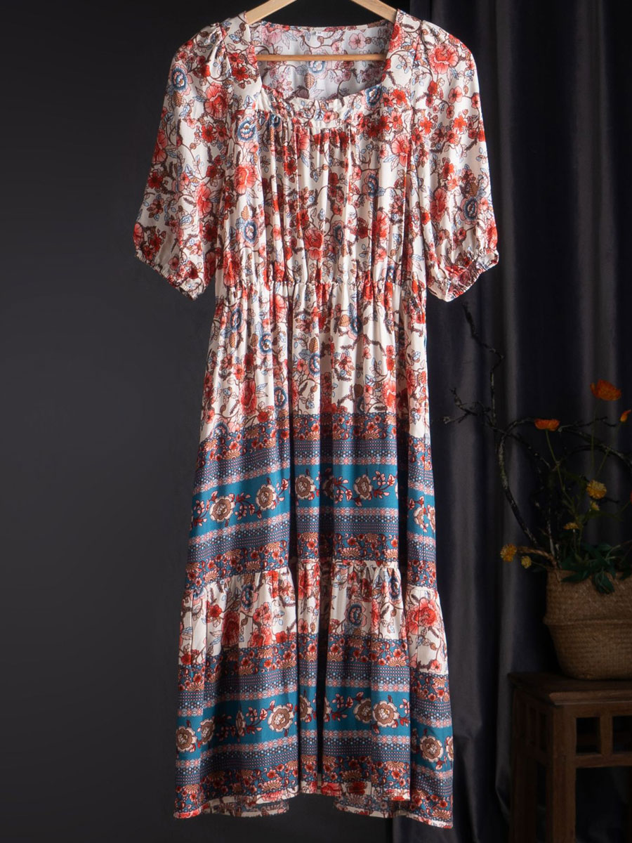 Loose Casual Floral Print Short Sleeve Midi Dress