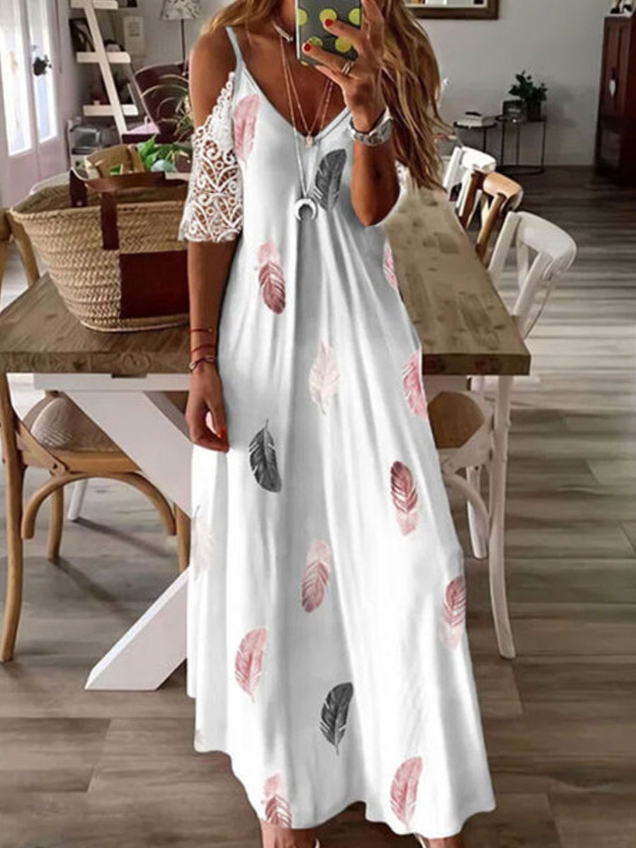 V neck Casual Loose Feather Print Lace Panel Maxi Dress