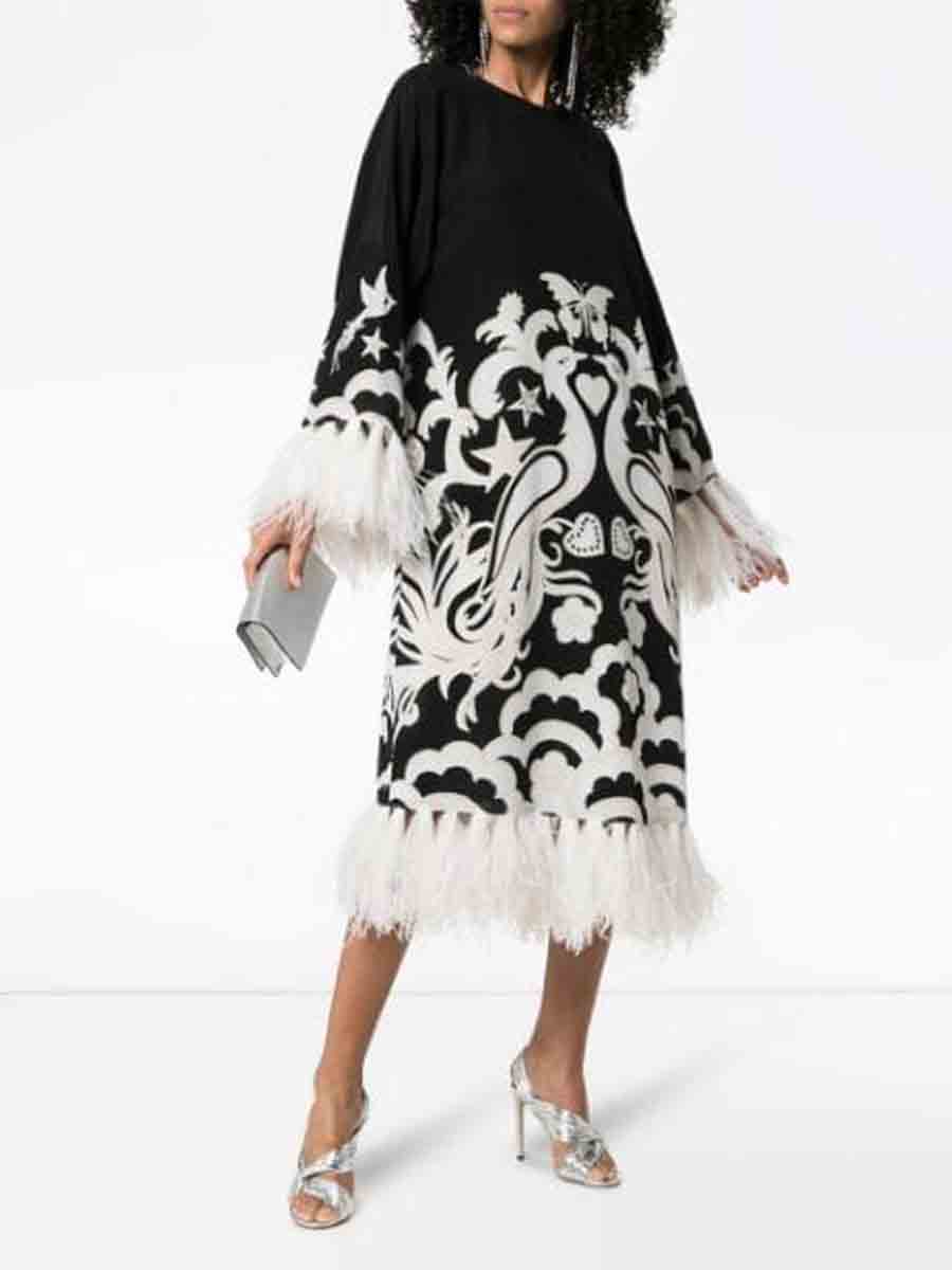 Women's Fashion Black & White Contrast Print Feather Flared Sleeve Dress